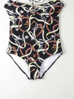 Women’s Vintage Style Halter-neck  Padded Black Swimsuit With Horse Bit Print 48 XL