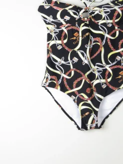 Women’s Vintage Style Halter-neck  Padded Black Swimsuit With Horse Bit Print 48 XL