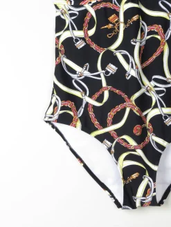 Women’s Vintage Style Halter-neck  Padded Black Swimsuit With Horse Bit Print 48 XL
