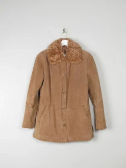 Women's Vintage Tan Suede Jacket With Furry Collar M