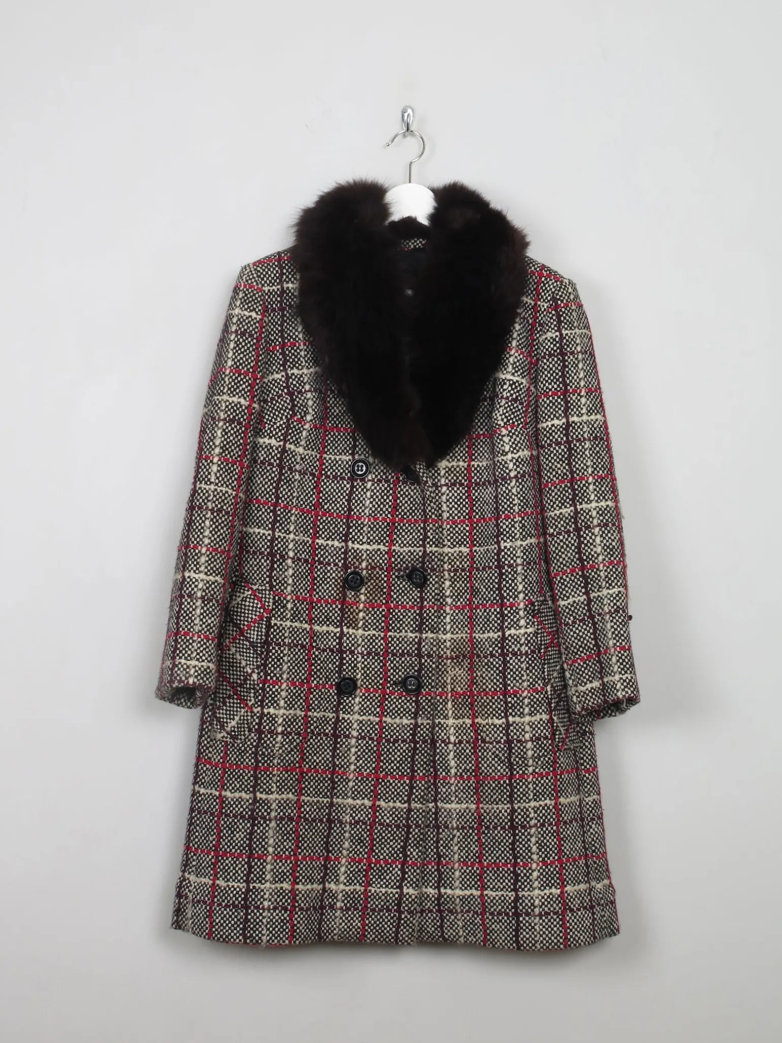 Women's Vintage Tweed Coat With Fur Collar M