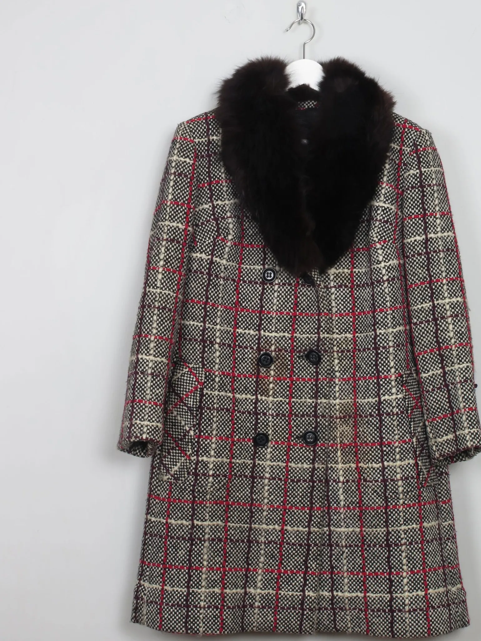 Women's Vintage Tweed Coat With Fur Collar M
