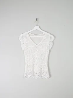 Women's Vintage White Crochet V-Neck Top S