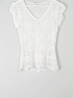 Women's Vintage White Crochet V-Neck Top S