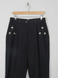 Women's Vintage Wool Trousers Black With Embroidery  32"W