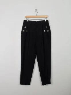 Women's Vintage Wool Trousers Black With Embroidery  32