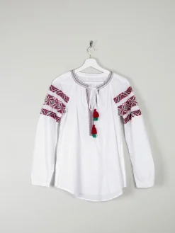 Women's White Peasant Blouse With Embroidery & Tassels S/M