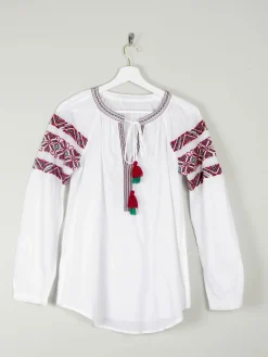 Women's White Peasant Blouse With Embroidery & Tassels S/M