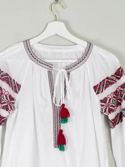 Women's White Peasant Blouse With Embroidery & Tassels S/M