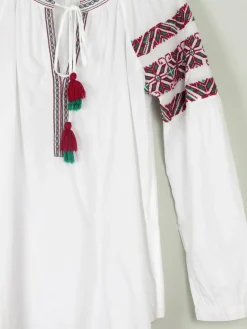 Women's White Peasant Blouse With Embroidery & Tassels S/M