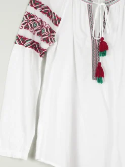 Women's White Peasant Blouse With Embroidery & Tassels S/M