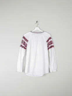 Women's White Peasant Blouse With Embroidery & Tassels S/M