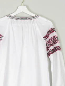 Women's White Peasant Blouse With Embroidery & Tassels S/M